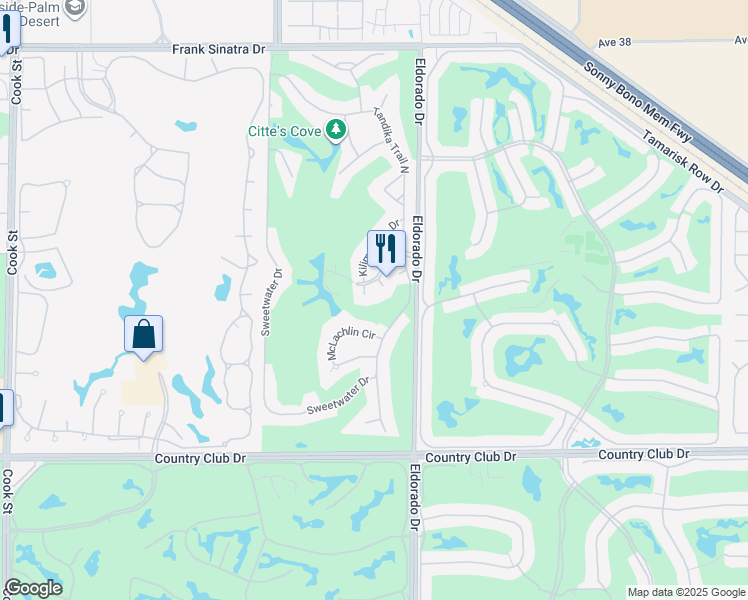 map of restaurants, bars, coffee shops, grocery stores, and more near 38051 Leopoldville Court in Palm Desert