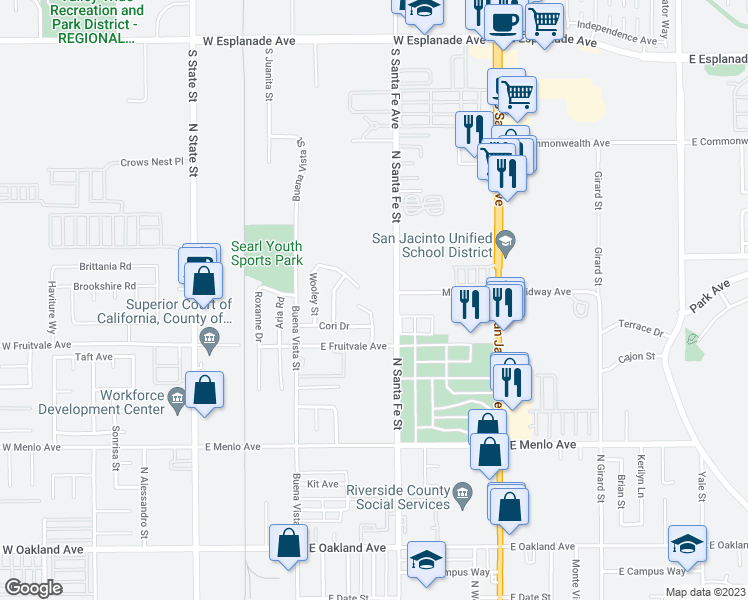 map of restaurants, bars, coffee shops, grocery stores, and more near 800 Sunjoy Drive in Hemet