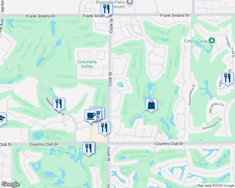 map of restaurants, bars, coffee shops, grocery stores, and more near 794 Montana Vista Drive in Palm Desert