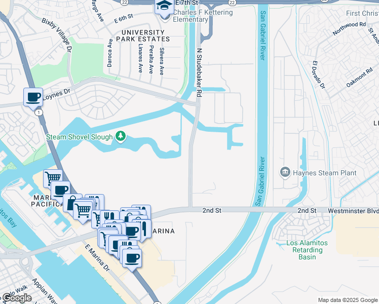 map of restaurants, bars, coffee shops, grocery stores, and more near North Studebaker Road in Long Beach