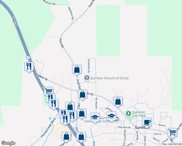 map of restaurants, bars, coffee shops, grocery stores, and more near 187 Westbrook Street in Sumiton