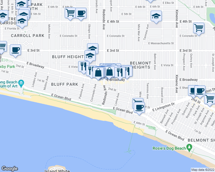 map of restaurants, bars, coffee shops, grocery stores, and more near 3417 2nd Street in Long Beach