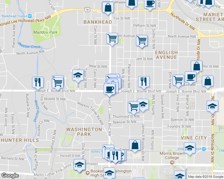 map of restaurants, bars, coffee shops, grocery stores, and more near 907 Joseph E. Boone Boulevard Northwest in Atlanta