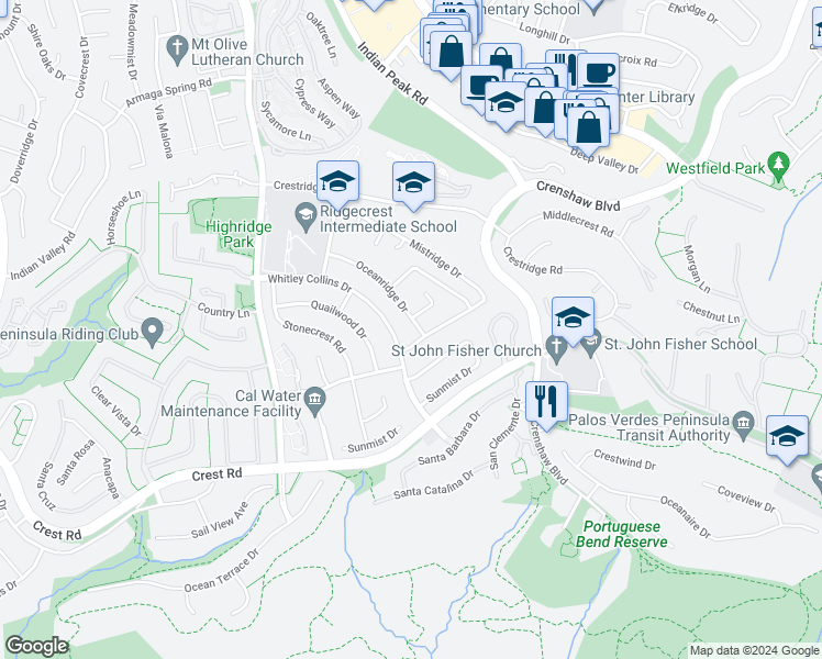 map of restaurants, bars, coffee shops, grocery stores, and more near 29313 Oceanridge Drive in Rancho Palos Verdes