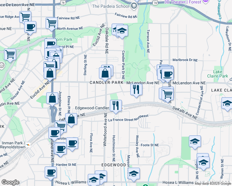 map of restaurants, bars, coffee shops, grocery stores, and more near 1429 Iverson Street Northeast in Atlanta