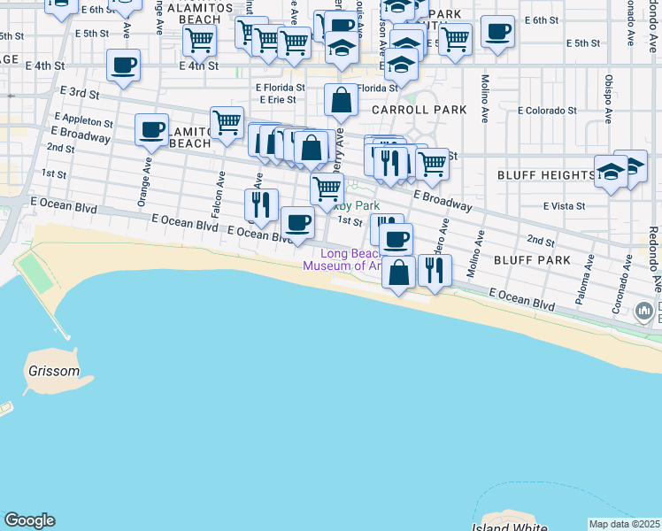 map of restaurants, bars, coffee shops, grocery stores, and more near 19 Junipero Avenue in Long Beach