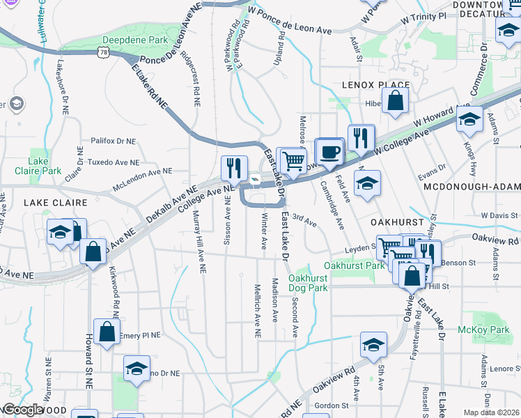 map of restaurants, bars, coffee shops, grocery stores, and more near 124 Park Place in Decatur