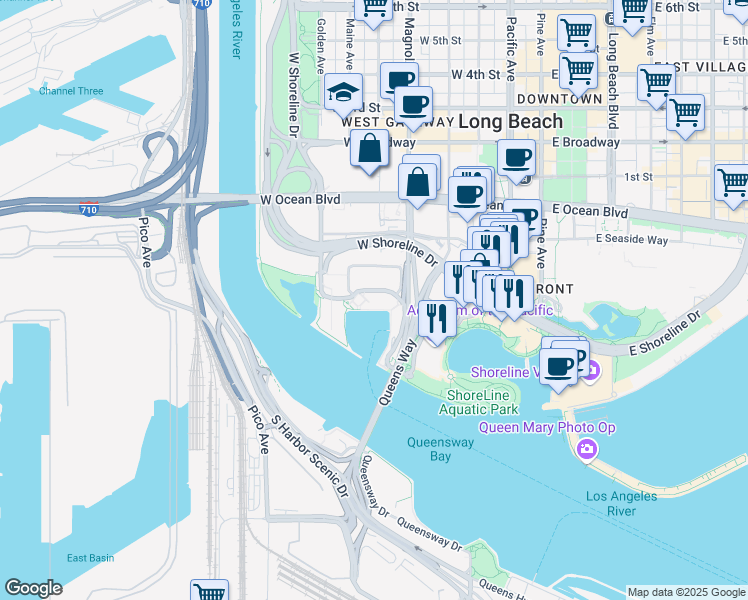 map of restaurants, bars, coffee shops, grocery stores, and more near 340 Golden Shore in Long Beach