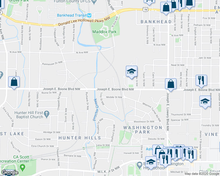 map of restaurants, bars, coffee shops, grocery stores, and more near 1177 Simpson Road Northwest in Atlanta