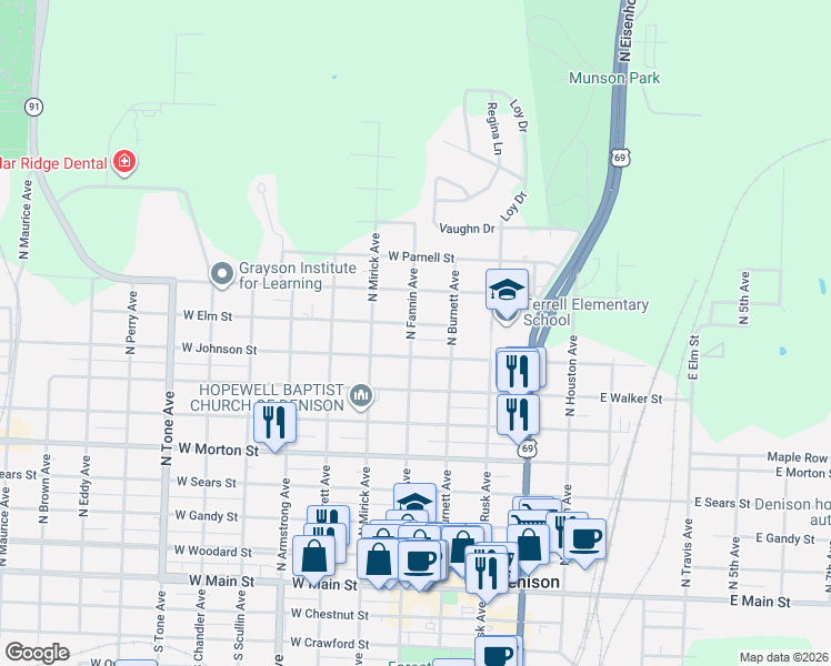 map of restaurants, bars, coffee shops, grocery stores, and more near 504 West Elm Street in Denison