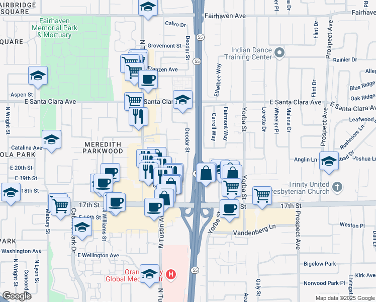map of restaurants, bars, coffee shops, grocery stores, and more near Deodar Street in Santa Ana