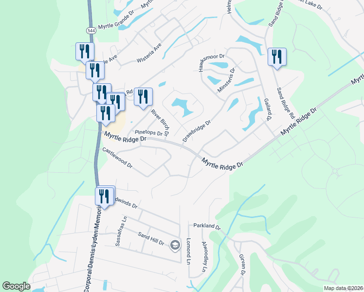 map of restaurants, bars, coffee shops, grocery stores, and more near 670 Myrtle Ridge Drive in Conway