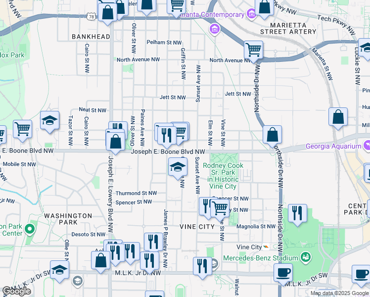 map of restaurants, bars, coffee shops, grocery stores, and more near 721 Joseph E. Boone Boulevard Northwest in Atlanta