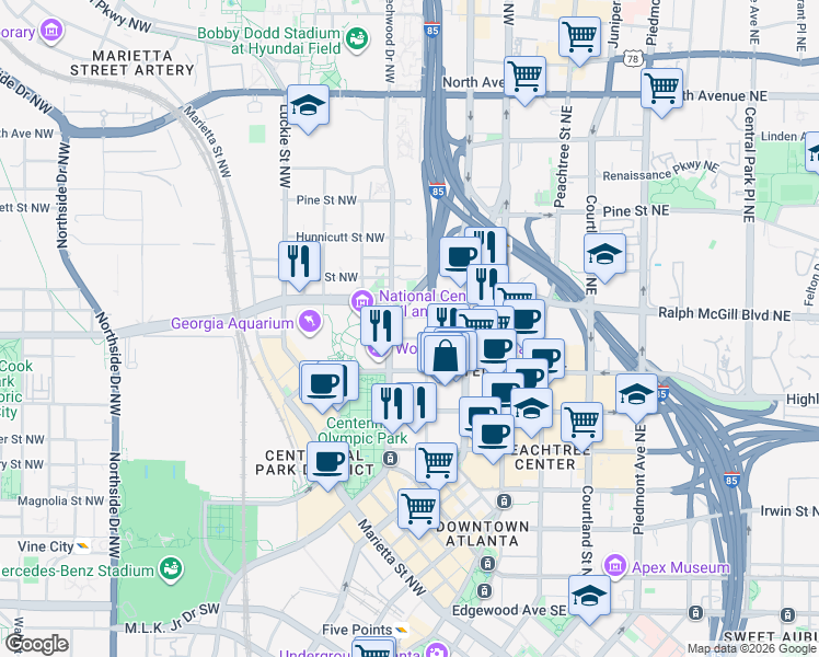 map of restaurants, bars, coffee shops, grocery stores, and more near 325 Centennial Olympic Park Drive Northwest in Atlanta