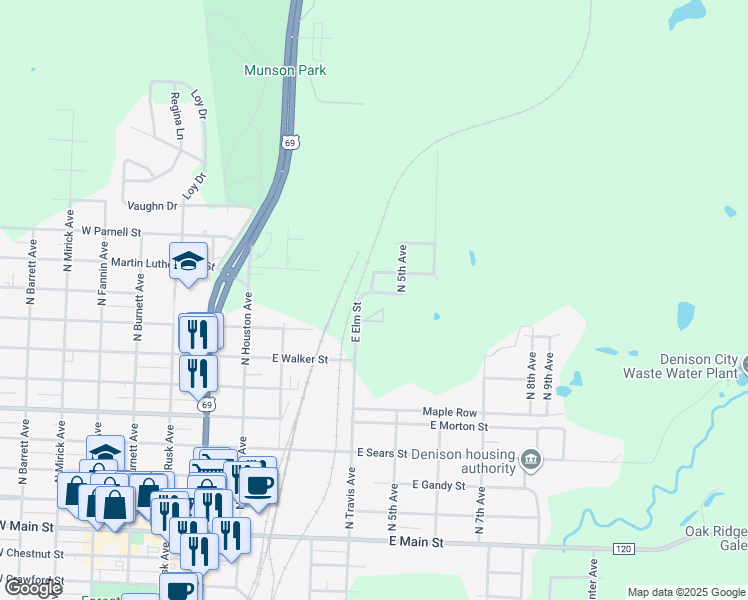 map of restaurants, bars, coffee shops, grocery stores, and more near 410 East Elm Street in Denison