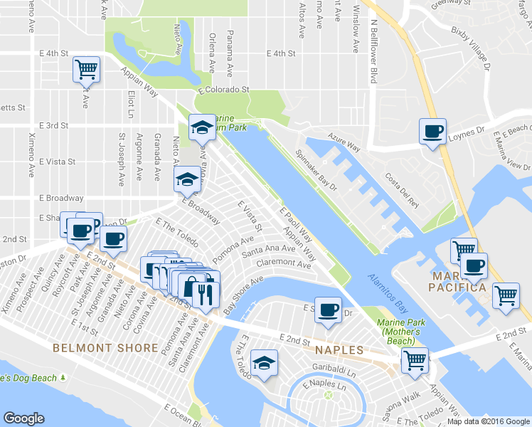 map of restaurants, bars, coffee shops, grocery stores, and more near 5290 E Appian Way in Long Beach
