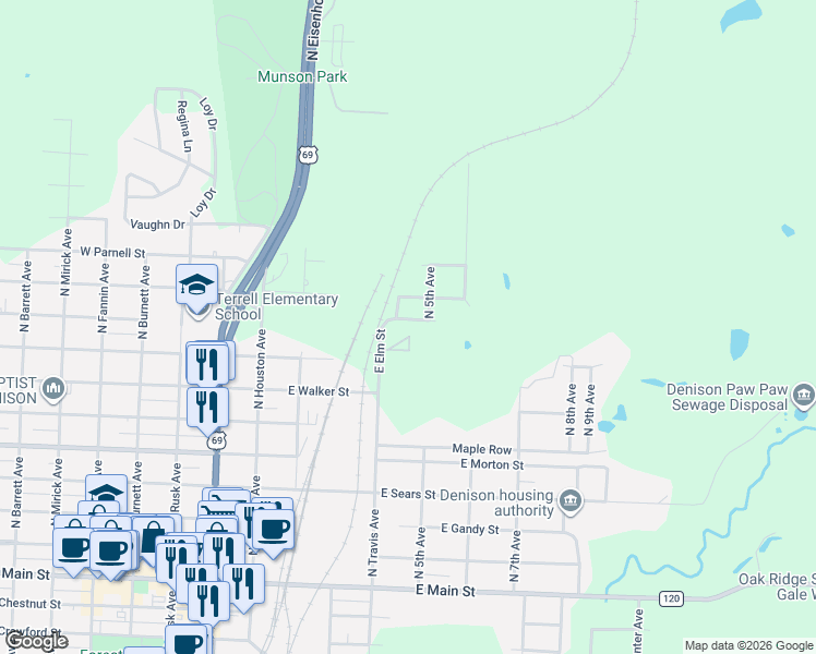 map of restaurants, bars, coffee shops, grocery stores, and more near 410 East Elm Street in Denison