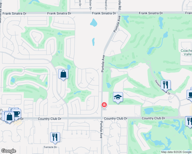 map of restaurants, bars, coffee shops, grocery stores, and more near 39784 Manzanita Drive in Palm Desert