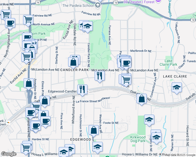 map of restaurants, bars, coffee shops, grocery stores, and more near 1515 Iverson Street Northeast in Atlanta
