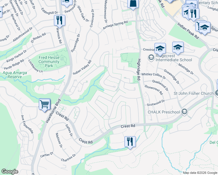 map of restaurants, bars, coffee shops, grocery stores, and more near 23 Quarterhorse Lane in Rolling Hills Estates