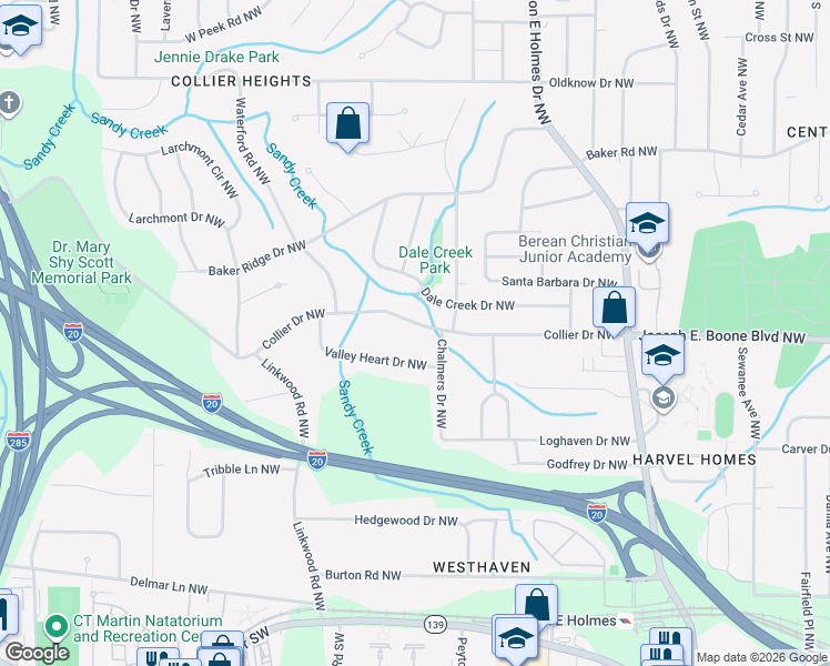map of restaurants, bars, coffee shops, grocery stores, and more near 2770 Collier Drive Northwest in Atlanta
