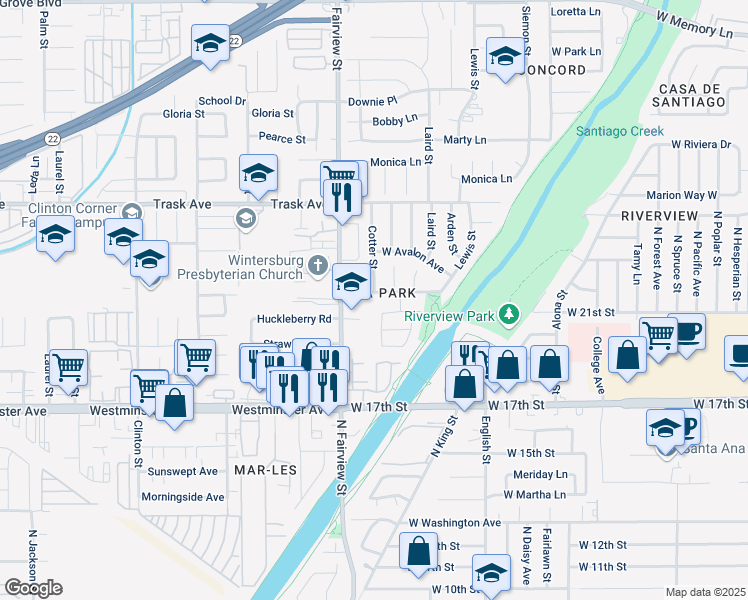 map of restaurants, bars, coffee shops, grocery stores, and more near 1825 North Fairview Street in Santa Ana