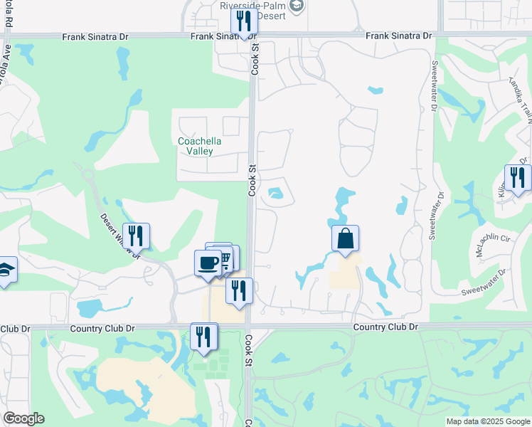 map of restaurants, bars, coffee shops, grocery stores, and more near 796 Montana Vista Drive in Palm Desert