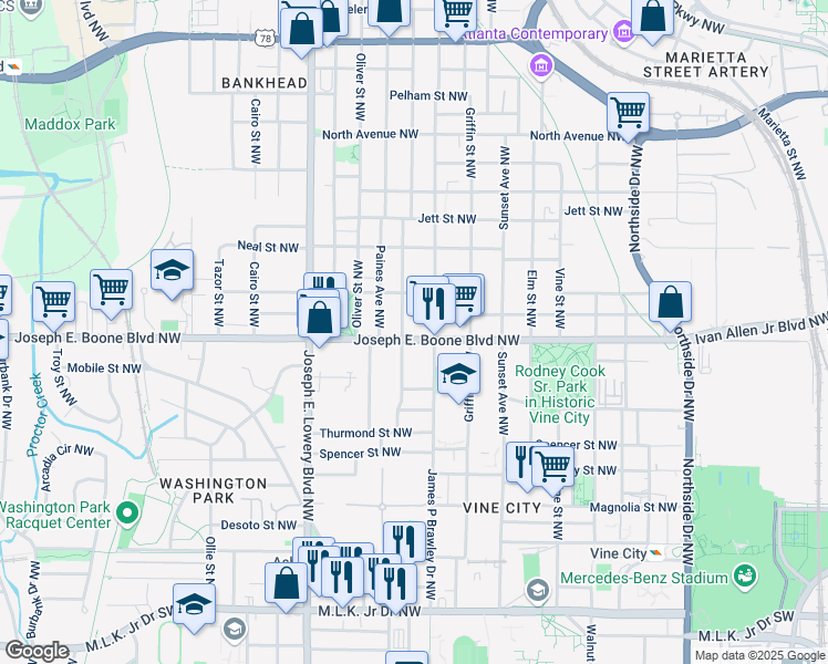 map of restaurants, bars, coffee shops, grocery stores, and more near 793 Joseph E. Boone Boulevard Northwest in Atlanta
