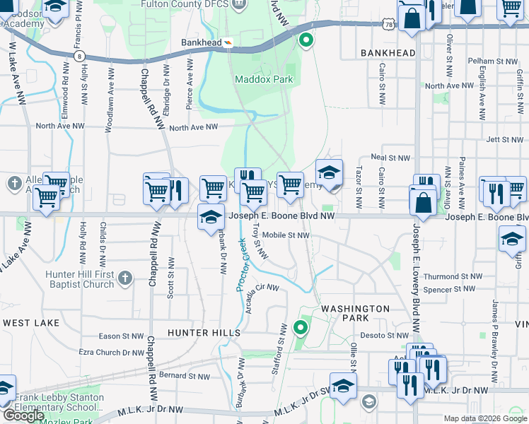 map of restaurants, bars, coffee shops, grocery stores, and more near 1197 Joseph E. Boone Boulevard Northwest in Atlanta