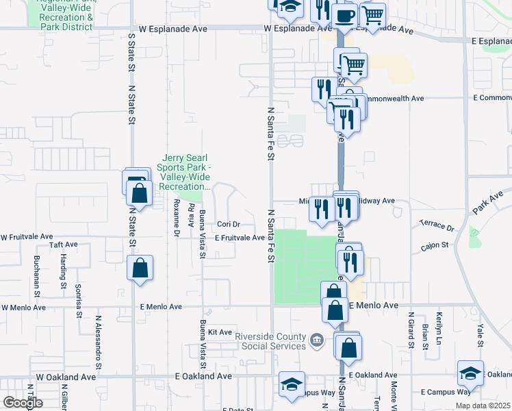 map of restaurants, bars, coffee shops, grocery stores, and more near 800 Sunjoy Drive in Hemet