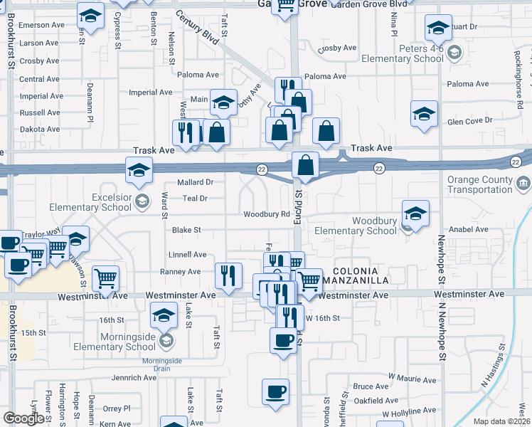 map of restaurants, bars, coffee shops, grocery stores, and more near 10902 Woodbury Road in Garden Grove