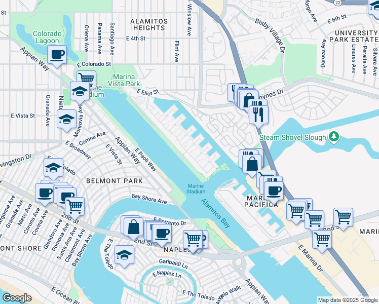 map of restaurants, bars, coffee shops, grocery stores, and more near 5824 Spinnaker Bay Drive in Long Beach