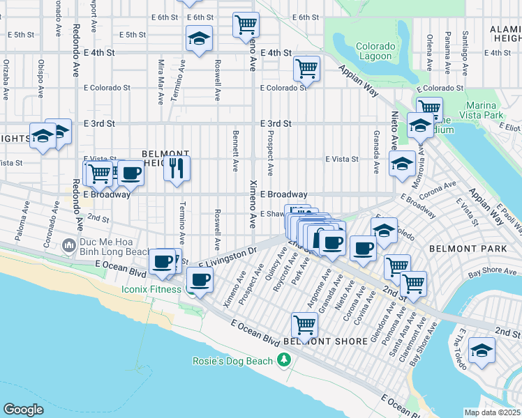 map of restaurants, bars, coffee shops, grocery stores, and more near 4401 East Shaw Street in Long Beach