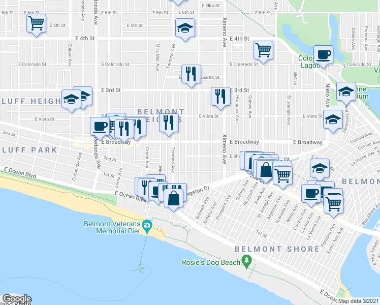 map of restaurants, bars, coffee shops, grocery stores, and more near 4107 East Shaw Street in Long Beach