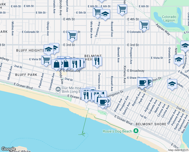 map of restaurants, bars, coffee shops, grocery stores, and more near 215 Termino Avenue in Long Beach