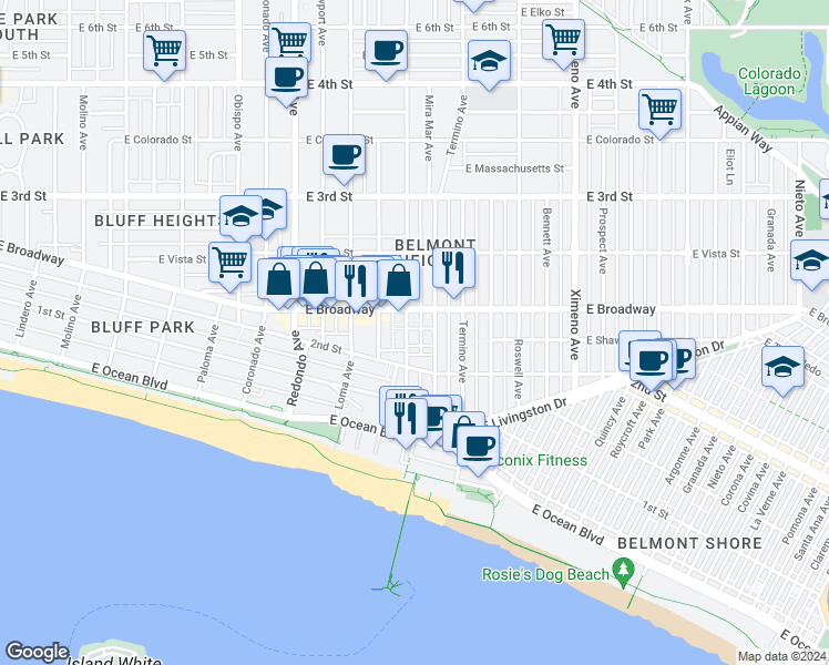 map of restaurants, bars, coffee shops, grocery stores, and more near 215 Mira Mar Avenue in Long Beach