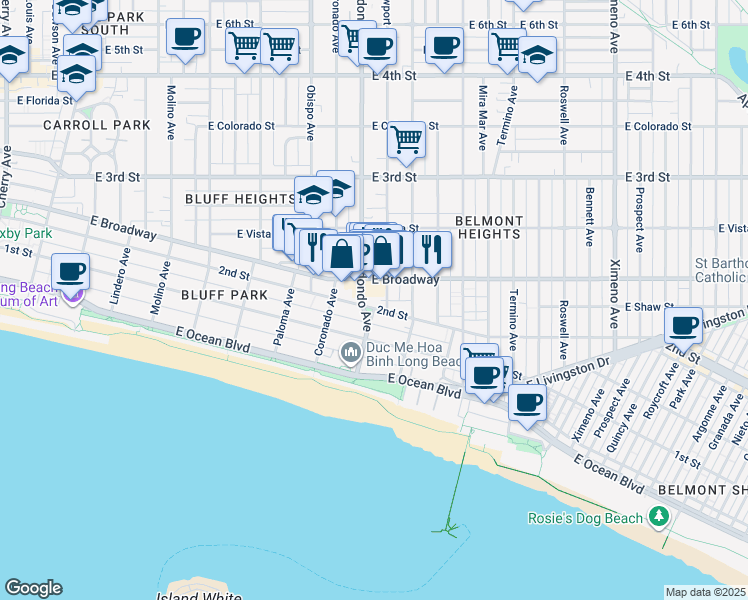 map of restaurants, bars, coffee shops, grocery stores, and more near in Long Beach