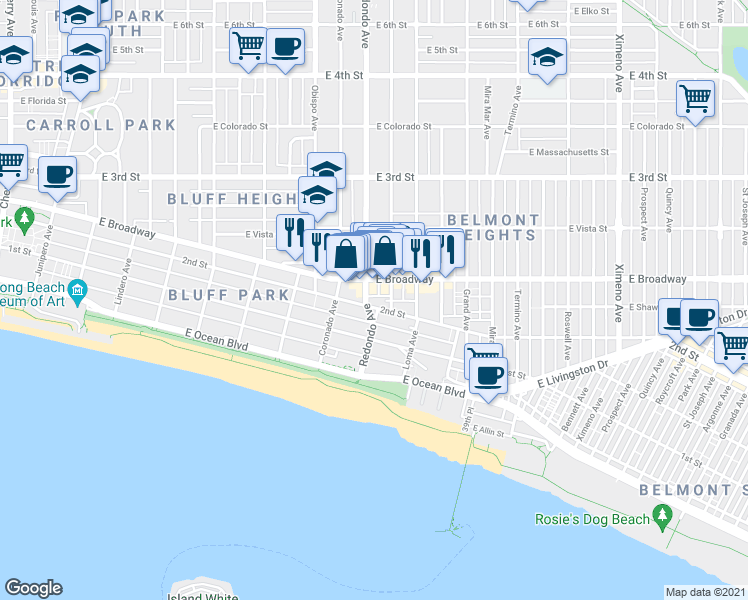 map of restaurants, bars, coffee shops, grocery stores, and more near 3409 2nd Street in Long Beach