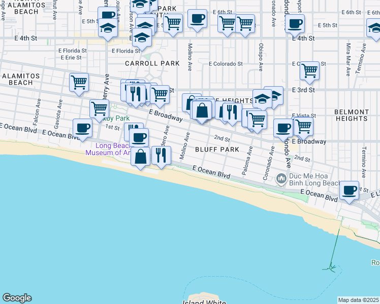 map of restaurants, bars, coffee shops, grocery stores, and more near 20 Molino Avenue in Long Beach