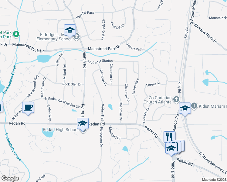 map of restaurants, bars, coffee shops, grocery stores, and more near 1041 Chapman Lane in Stone Mountain