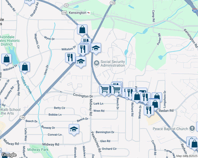 map of restaurants, bars, coffee shops, grocery stores, and more near 3576 Covington Highway in Decatur