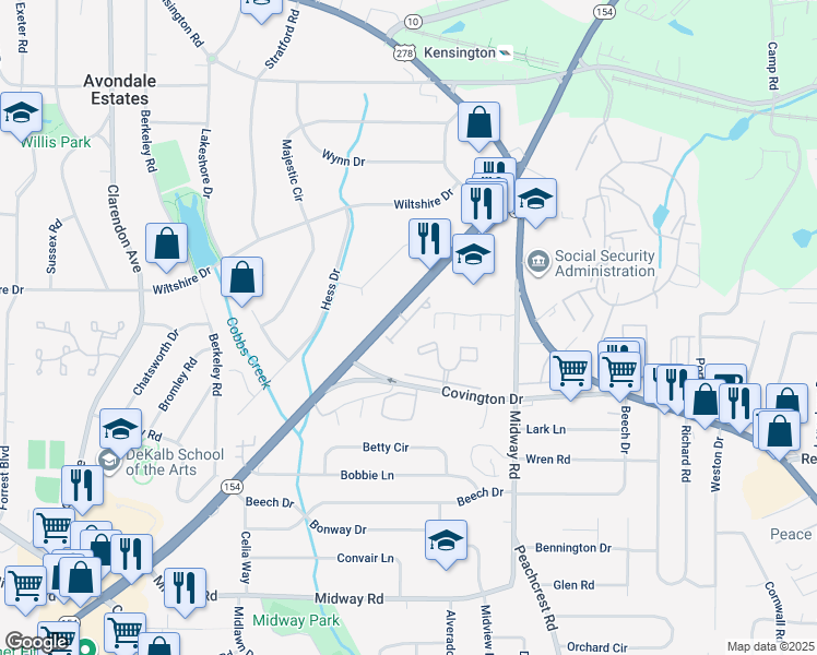 map of restaurants, bars, coffee shops, grocery stores, and more near 1101 North Village Drive in Decatur