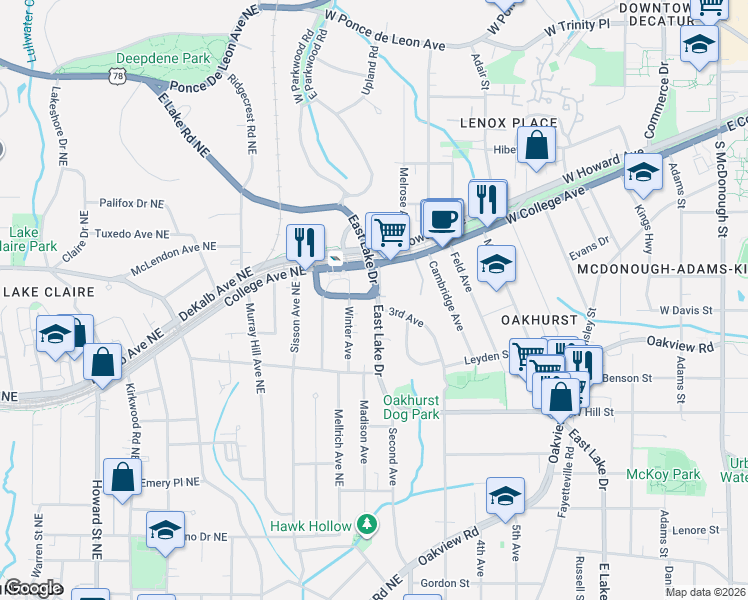 map of restaurants, bars, coffee shops, grocery stores, and more near 124 Park Place in Decatur