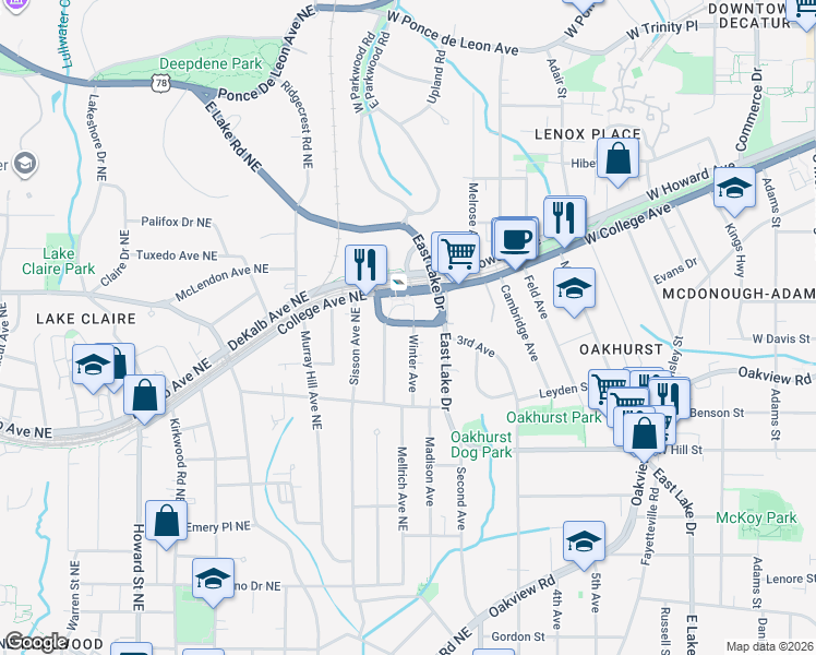 map of restaurants, bars, coffee shops, grocery stores, and more near 124 Park Place in Decatur