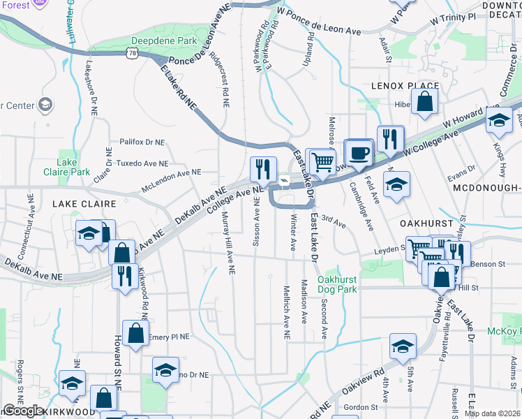 map of restaurants, bars, coffee shops, grocery stores, and more near 354 Sisson Avenue Northeast in Atlanta