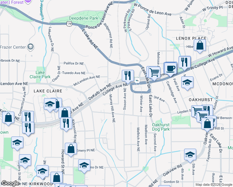 map of restaurants, bars, coffee shops, grocery stores, and more near 362 Clifford Avenue Northeast in Atlanta