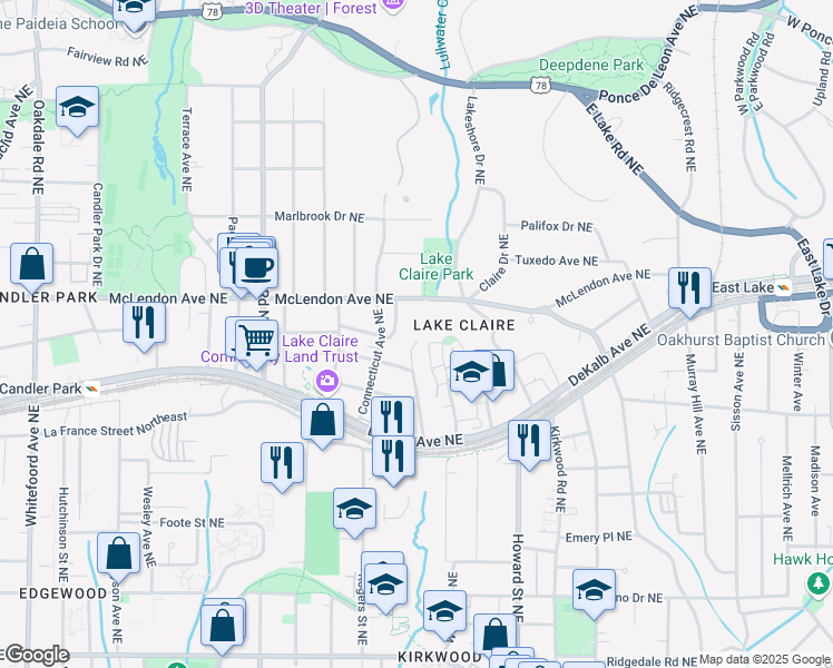 map of restaurants, bars, coffee shops, grocery stores, and more near 352 Mathews Avenue Northeast in Atlanta