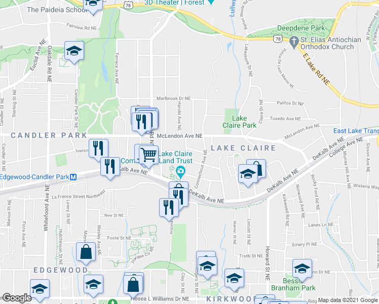 map of restaurants, bars, coffee shops, grocery stores, and more near 1763 Delaware Avenue Northeast in Atlanta