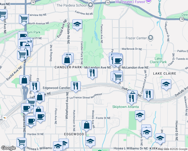 map of restaurants, bars, coffee shops, grocery stores, and more near 348 Mell Avenue Northeast in Atlanta