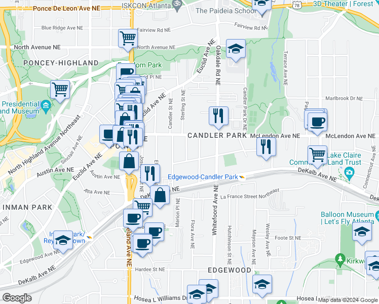 map of restaurants, bars, coffee shops, grocery stores, and more near 343 Sterling Street Northeast in Atlanta
